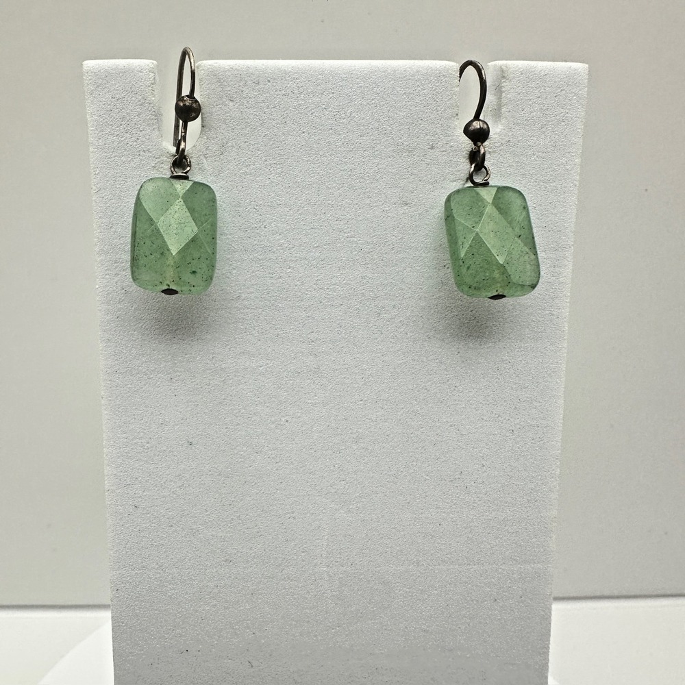 Vintage 90s Dangle Green Aventurine Stone Earrings Faceted Rectangle Silver Tone